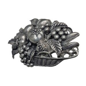 Vintage Elias Pewter Fruit Basket‎ Brooch 925 Festive Fall Harvest Thanksgiving